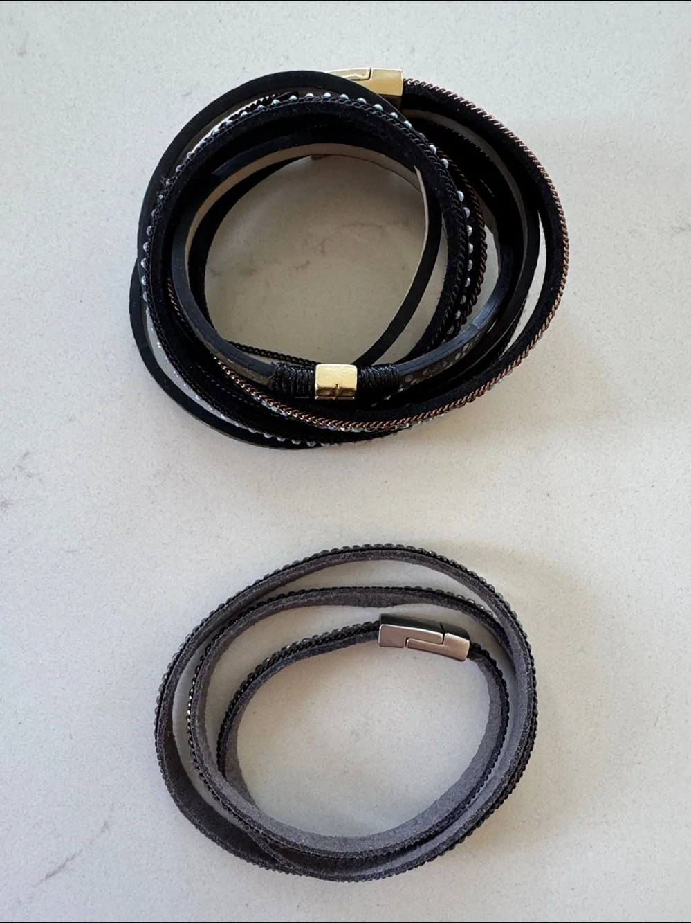 Layered Black & Grey Wrap Bracelets with Iridescent Rhinestones NWOT